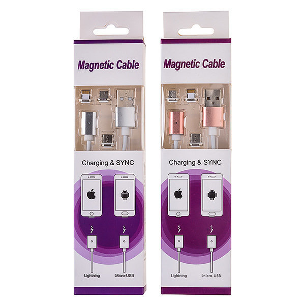 Кабель USB МАГНИТНЫЙ 3 в 1 (MicroUSB - iPhone 5 - Type-C) 2A 1.2m серебро