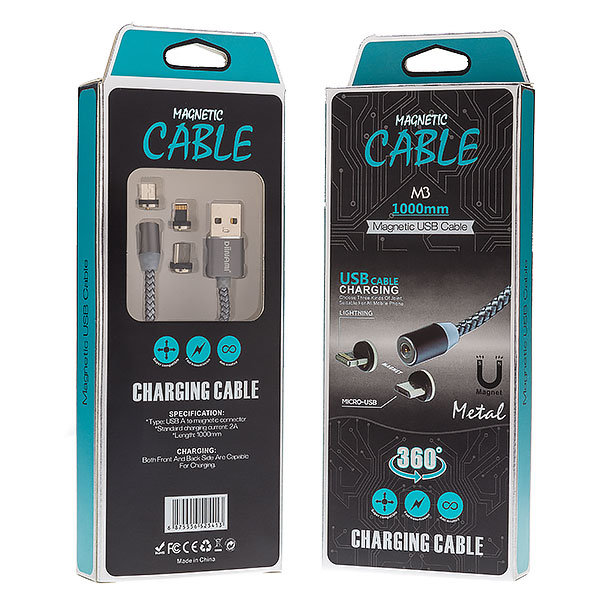 Кабель USB МАГНИТНЫЙ 3 в 1 DINAMI 360 (MicroUSB - iPhone 5 - Type-C) 2A 1.2m металлич.оплетка серый