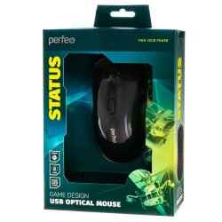 Мышь проводная Perfeo STATUS, USB, 6 кнопок, Game Design, подсветка 4 цв., черная