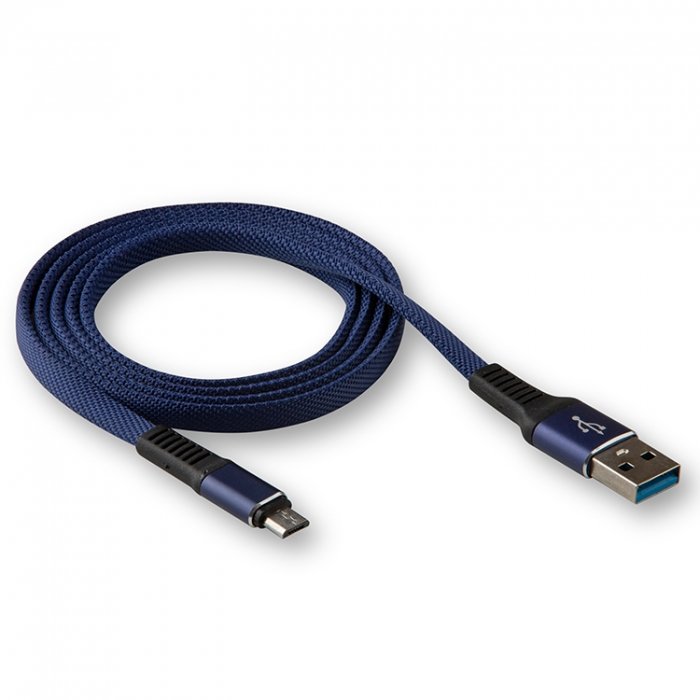 Кабель USB - MicroUSB WALKER C750 ткань плоский с металл.наконечником синий