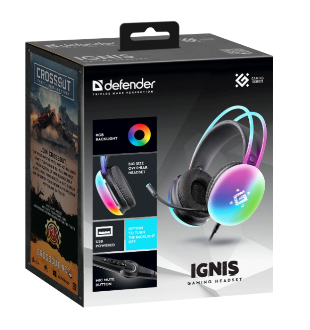 Гарнитура игровая Defender Ignis, подсветка RGB, провод 2 метра, черная